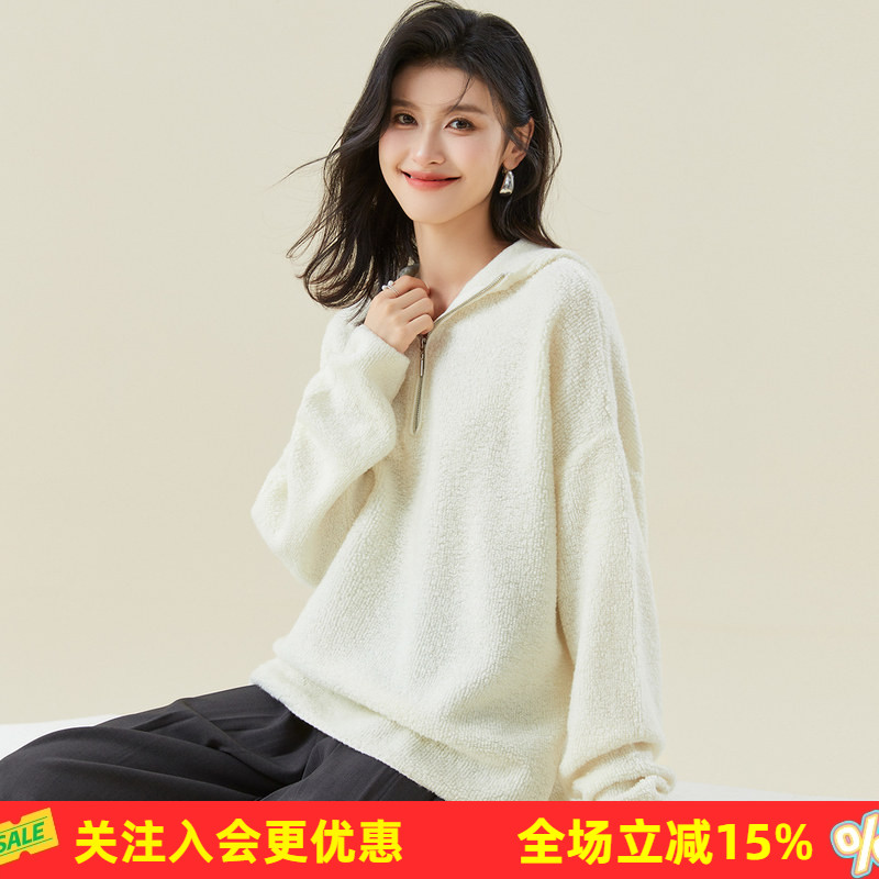 金菊【绵羊毛100%】加厚款保暖春秋纯色百搭连帽套头女式羊毛衫