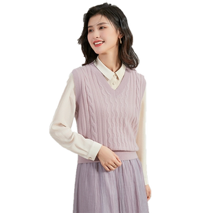 金菊【绵羊毛100%】女式背心25秋冬新款V领绞花纯色打底针织毛衣