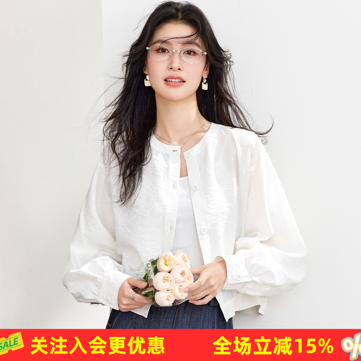 金菊26年春款桑蚕丝上衣时尚圆领长袖宽松纽扣高级感舒适女式衬衫