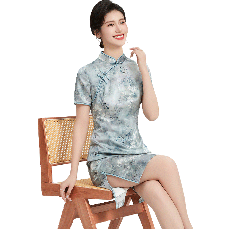 【桑蚕丝国风旗袍】夏季立领短袖植物花卉中款女式连衣裙修身