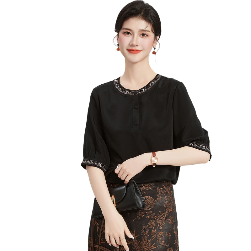【桑蚕丝重绉上衣】夏季撞色圆领五分袖门襟纽扣女式T恤文艺风