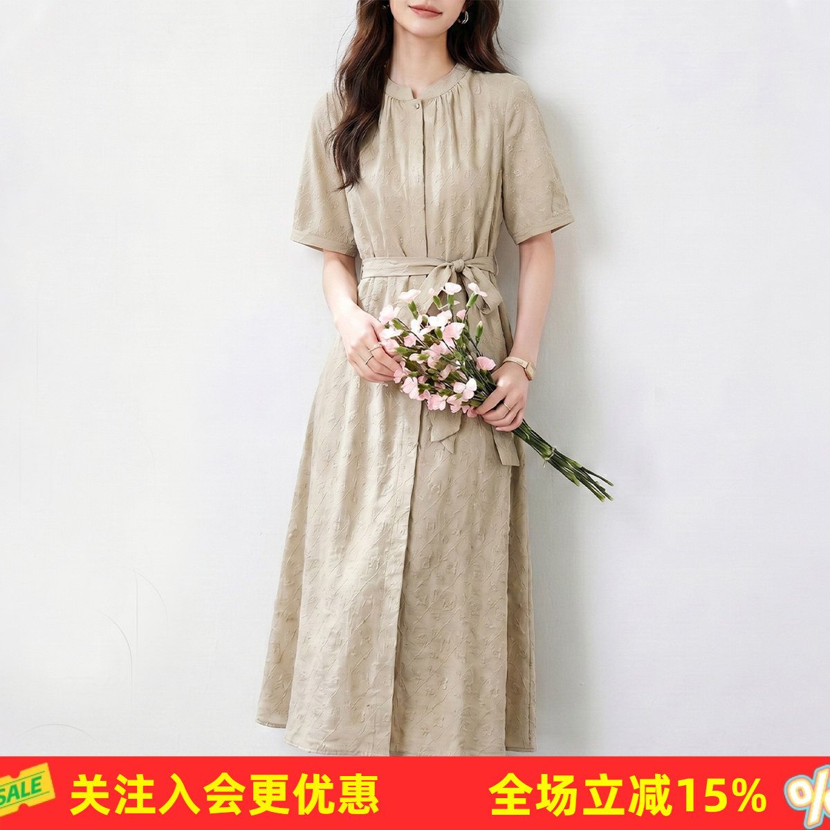金菊【桑蚕丝菱格提花】26夏设计感风琴褶侧开叉中长款直筒连衣裙