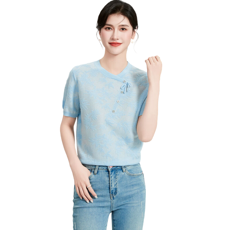 【新中式欧根纱上衣】含桑蚕丝夏季纯色不规则圆领短袖女式针织衫