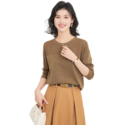 金菊含羊毛妈妈装秋冬圆领格纹提花打底毛衣女式针织衫