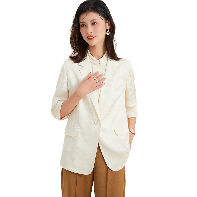 金菊100%真丝提花通勤西装春季新款翻领纯色重磅桑蚕丝女式外套
