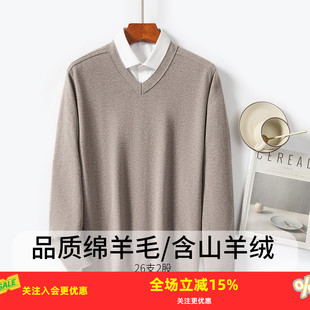 金菊含羊绒25秋冬新款男式V领纯色羊毛衫简约厚款宽松保暖高级
