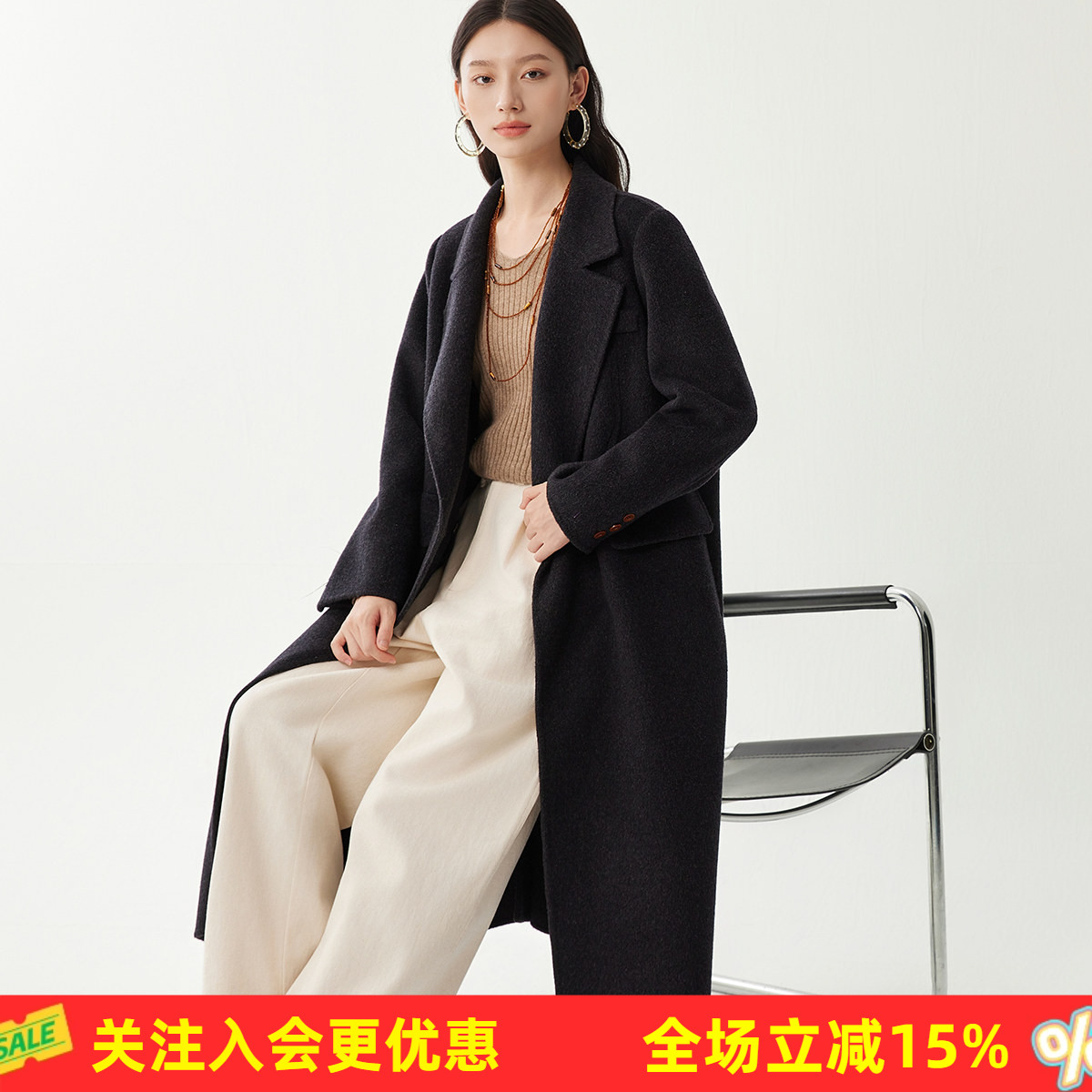 金菊【绵羊毛大衣】冬季26年新款长款西装领双排扣通勤开衫外套