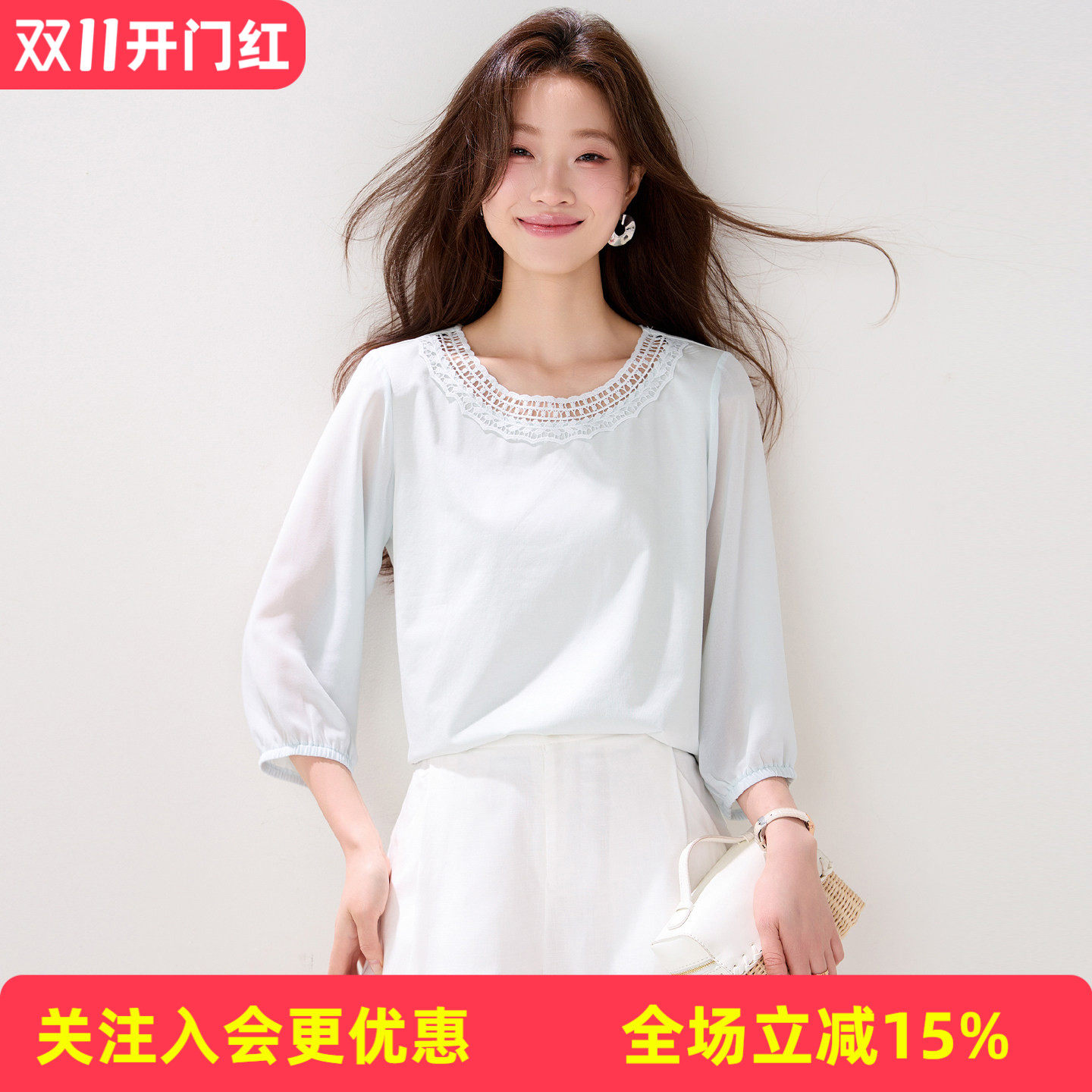 金菊春夏温柔风蕾丝领 棉身拼接雪纺灯笼中袖显瘦气质打底女式T恤