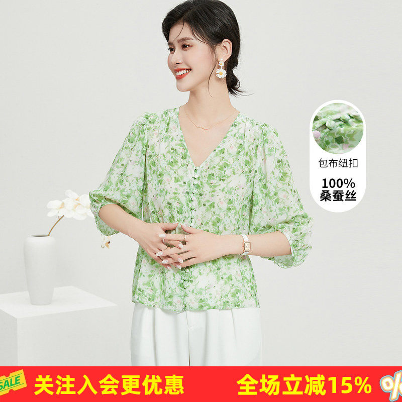 真丝桑蚕丝100%T恤夏季V领五分袖小碎花上衣文艺小清新衬衫