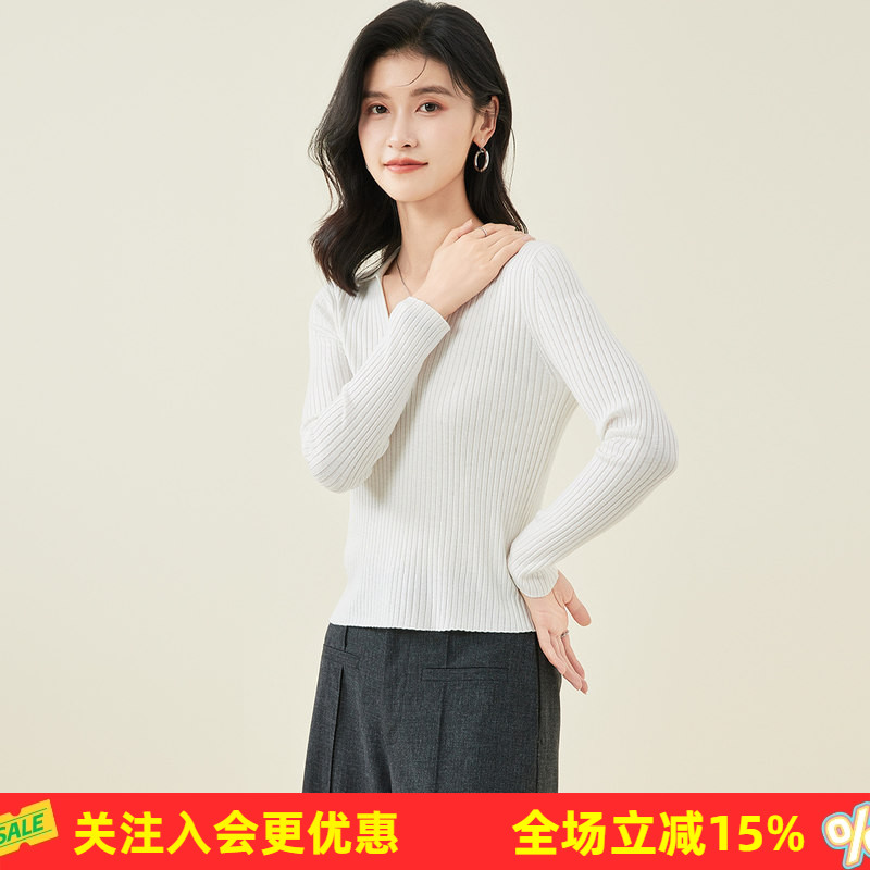 金菊长袖T恤短款早春纯色打底U领polo修身螺纹打底衫女式针织衫