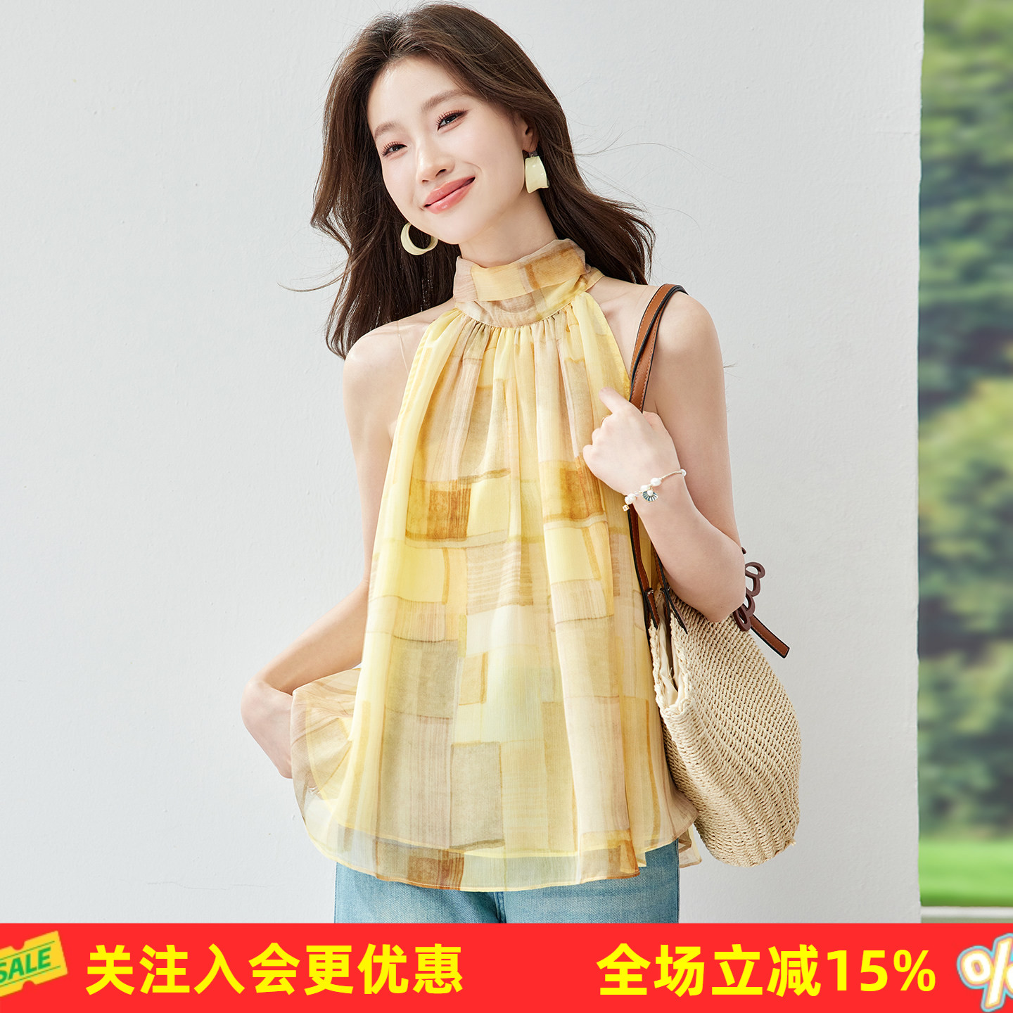 金菊休闲合身圆领泡泡袖牛仔夏新款宽松显瘦开衫通勤女式背心