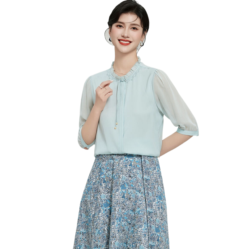桑蚕丝T恤夏季纯色立领五分袖上衣舒适透气女式衬衫通勤