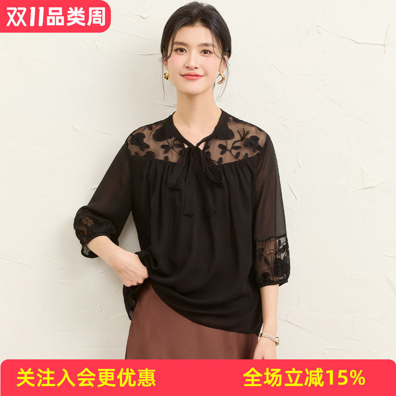 金菊乔其+顺纡绣花100%桑蚕丝套头上衣肩部袖口蕾丝透视女式衬衫