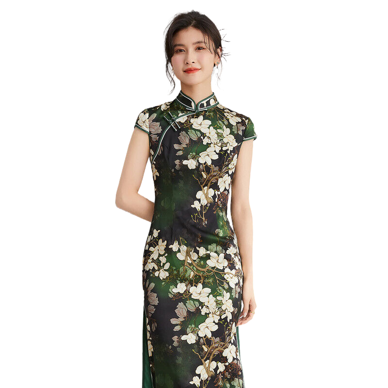 金菊梨花开桑蚕丝19姆米弹力缎立领盘扣夏季新款开叉女式旗袍