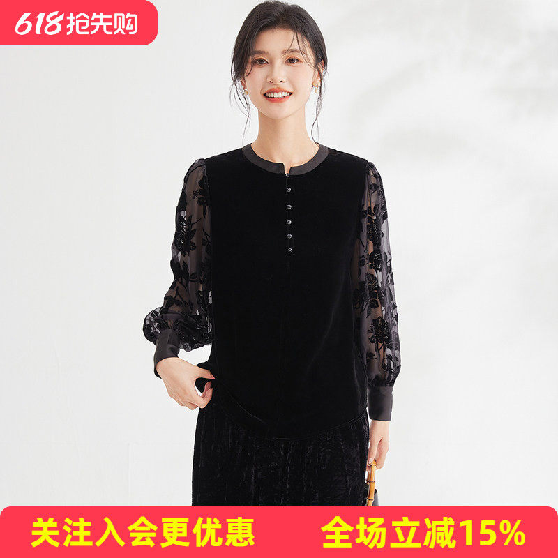 金菊【高级感丝绒套头上衣】春秋圆领领拼接玫瑰长袖纯色女式T恤