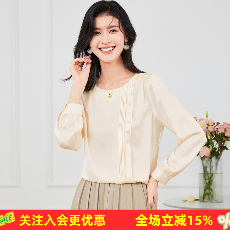 金菊【桑蚕丝衬衫】早春新款正肩纯色长袖套头装饰纽扣女式T恤