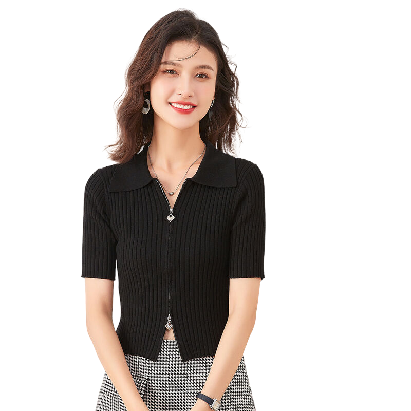 金菊含桑蚕丝夏季新款粗坑条拉链开衫纯色短袖上衣女式针织衫T恤