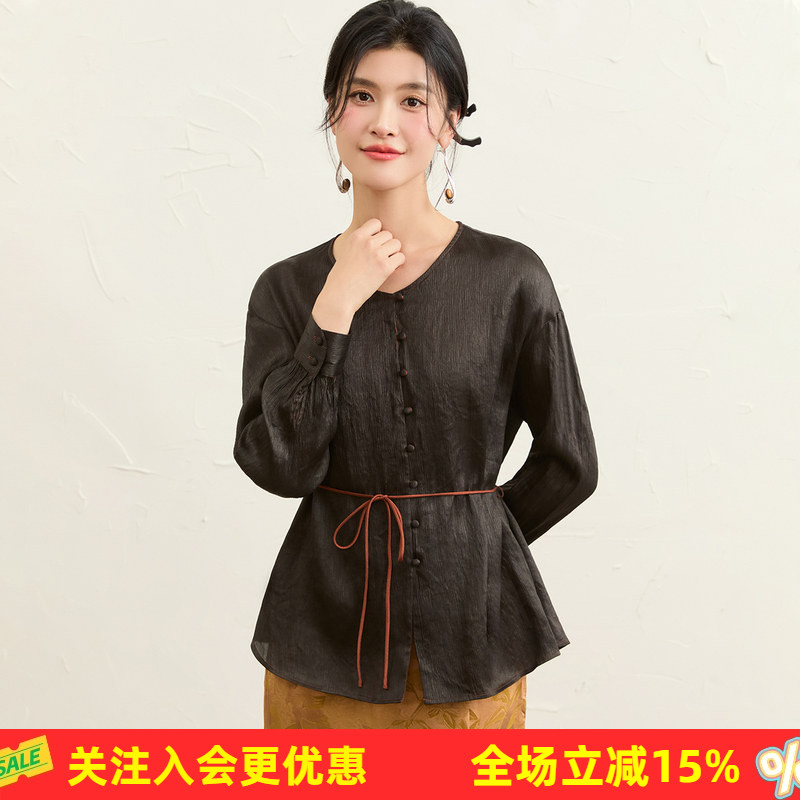 金菊【真丝香云纱衬衫】26年春秋新款圆领长袖新中式纯色女士开衫