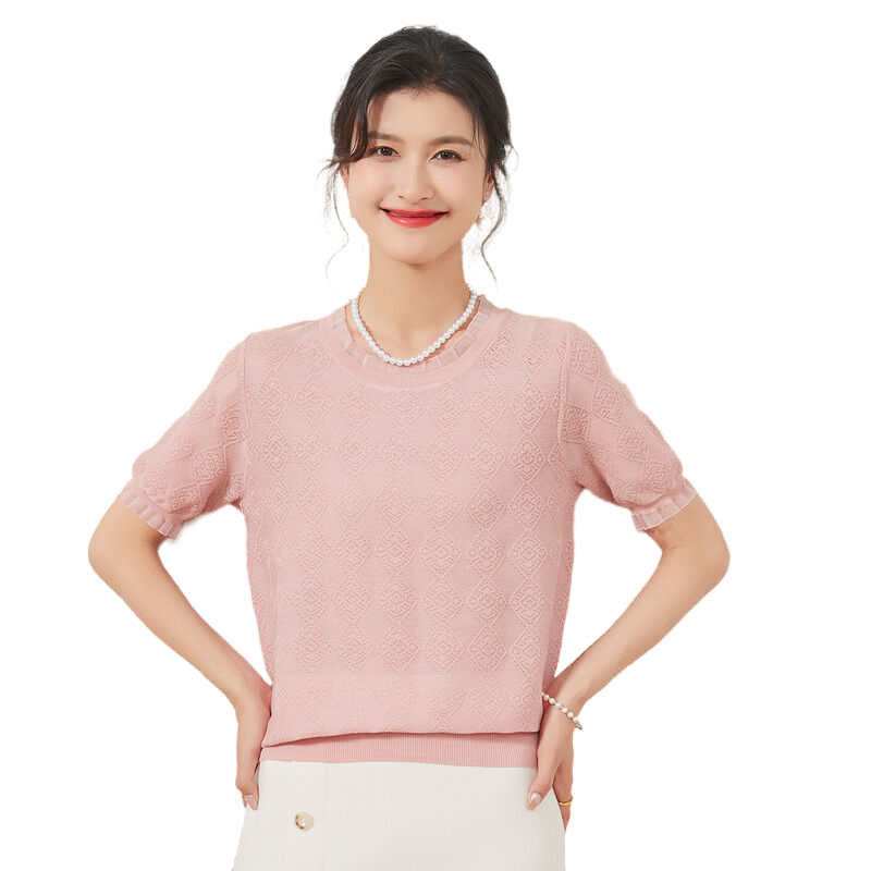 金菊含桑蚕丝夏季新款花边圆领泡泡袖纯色镂空短袖针织女式T恤