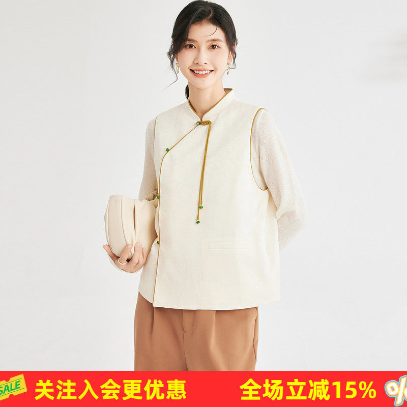 新中式马甲立领无袖桑蚕丝女式背心春春纯色格纹开衫上衣盘扣飘带