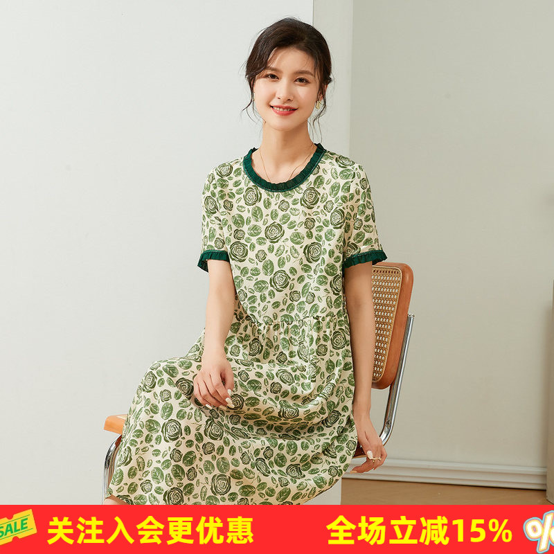 金菊桑蚕丝100%撞色圆领短袖真丝玫瑰印花直筒夏季新款女式连衣裙