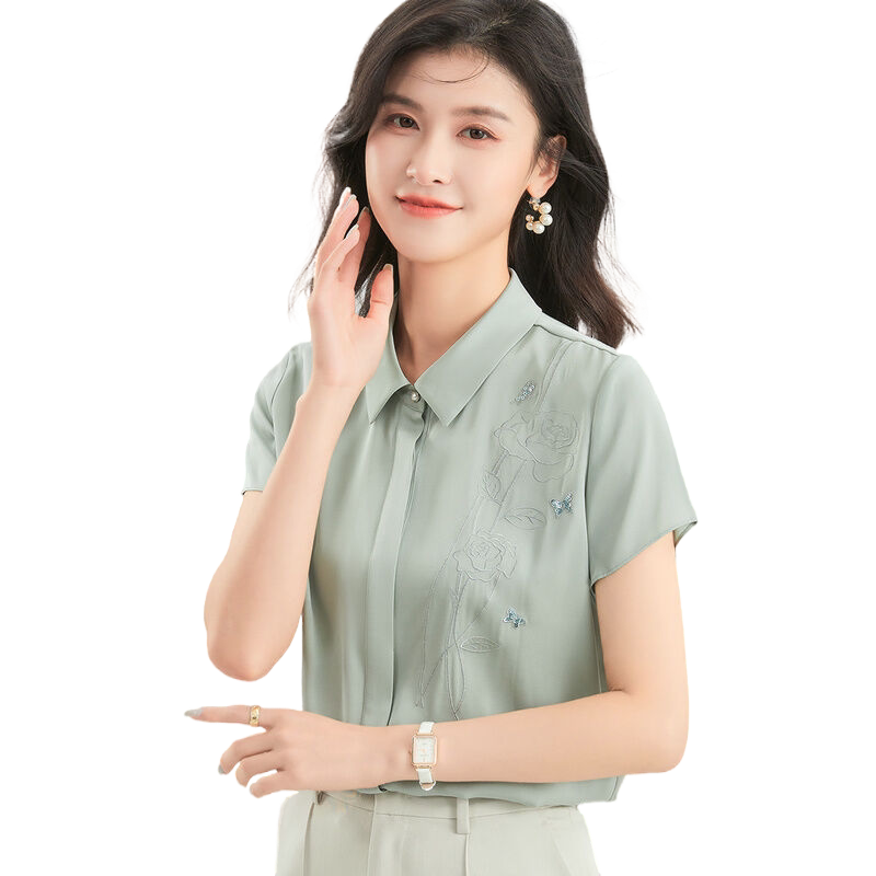 金菊花卉桑蚕丝刺绣翻领上衣纯色短袖气质通勤春夏女式衬衫