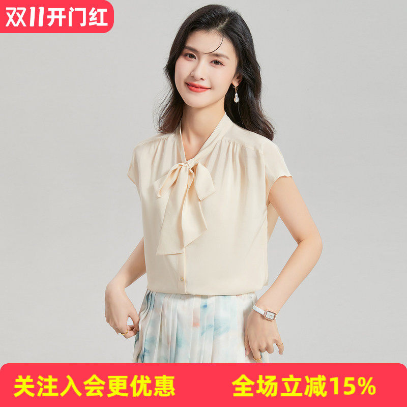 金菊100%真丝短袖春夏新款飘带领纯色连肩袖桑蚕丝女式T恤
