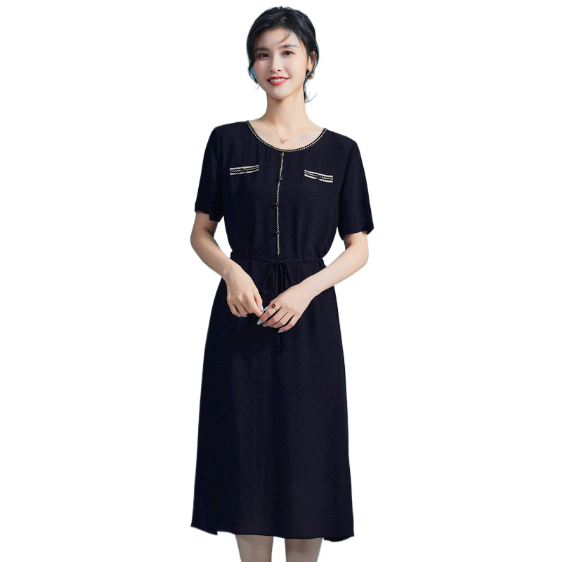 【100%真丝重磅小香风】春夏百搭圆领短袖桑蚕丝直筒女连衣裙