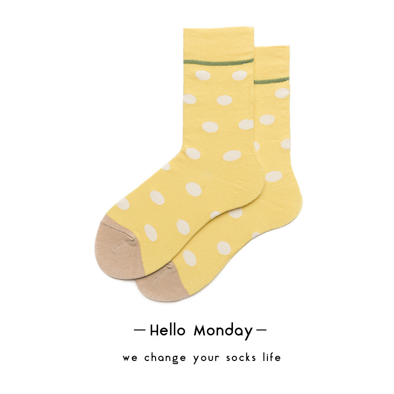HELLO MONDAY全棉大圓點女士中筒襪黃色時尚波點少女襪潮流活潑