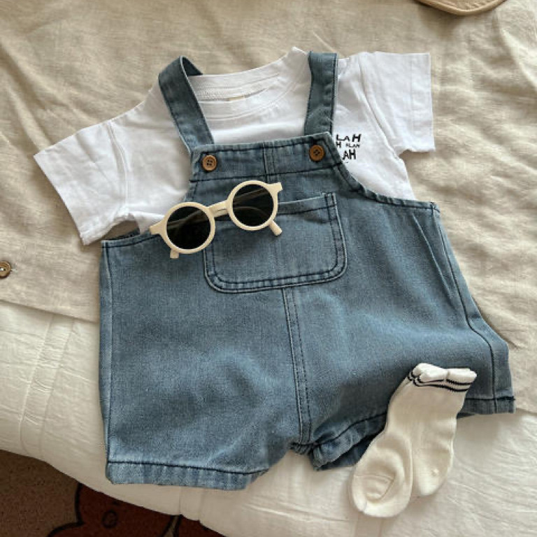 ins韩版童装夏季婴儿牛仔背带裤短袖T恤套装男女宝宝休闲两件套潮