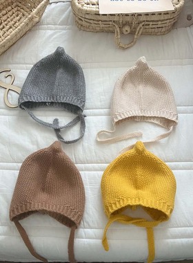 韩版婴儿帽子秋冬保暖毛线帽可爱纯色百搭奶嘴针织男女宝宝护耳帽