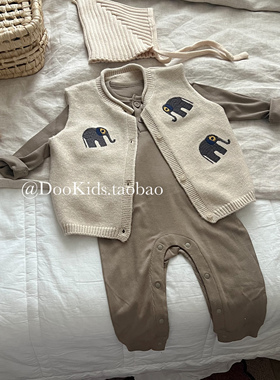 ins韩版婴儿秋季装韩版小象卡通刺绣马甲背心连体衣男女宝宝坎肩