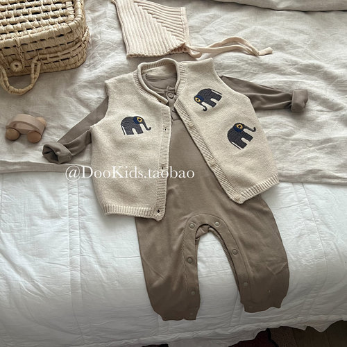 ins韩版婴儿秋季装韩版小象卡通刺绣马甲背心连体衣男女宝宝坎肩