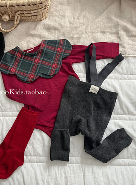 ins婴儿长袖坑条包屁衣新生儿春秋季北欧长袖哈衣宝宝外出两件套