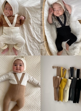 ins韩版春秋款新生婴儿高腰护肚打底九分袜男女宝宝背带裤举重裤