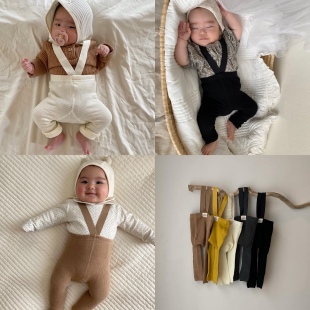 ins韩版春秋款新生婴儿高腰护肚打底九分袜男女宝宝背带裤举重裤