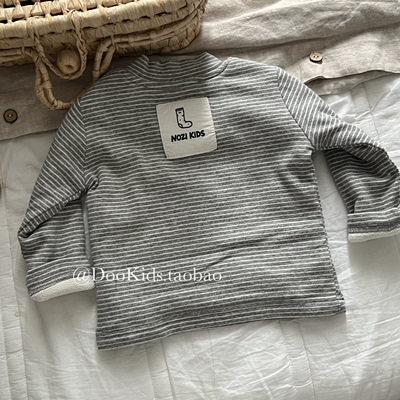 ins婴幼儿百搭条纹加绒打底衫男女宝宝秋冬季加厚半高领肩扣上衣