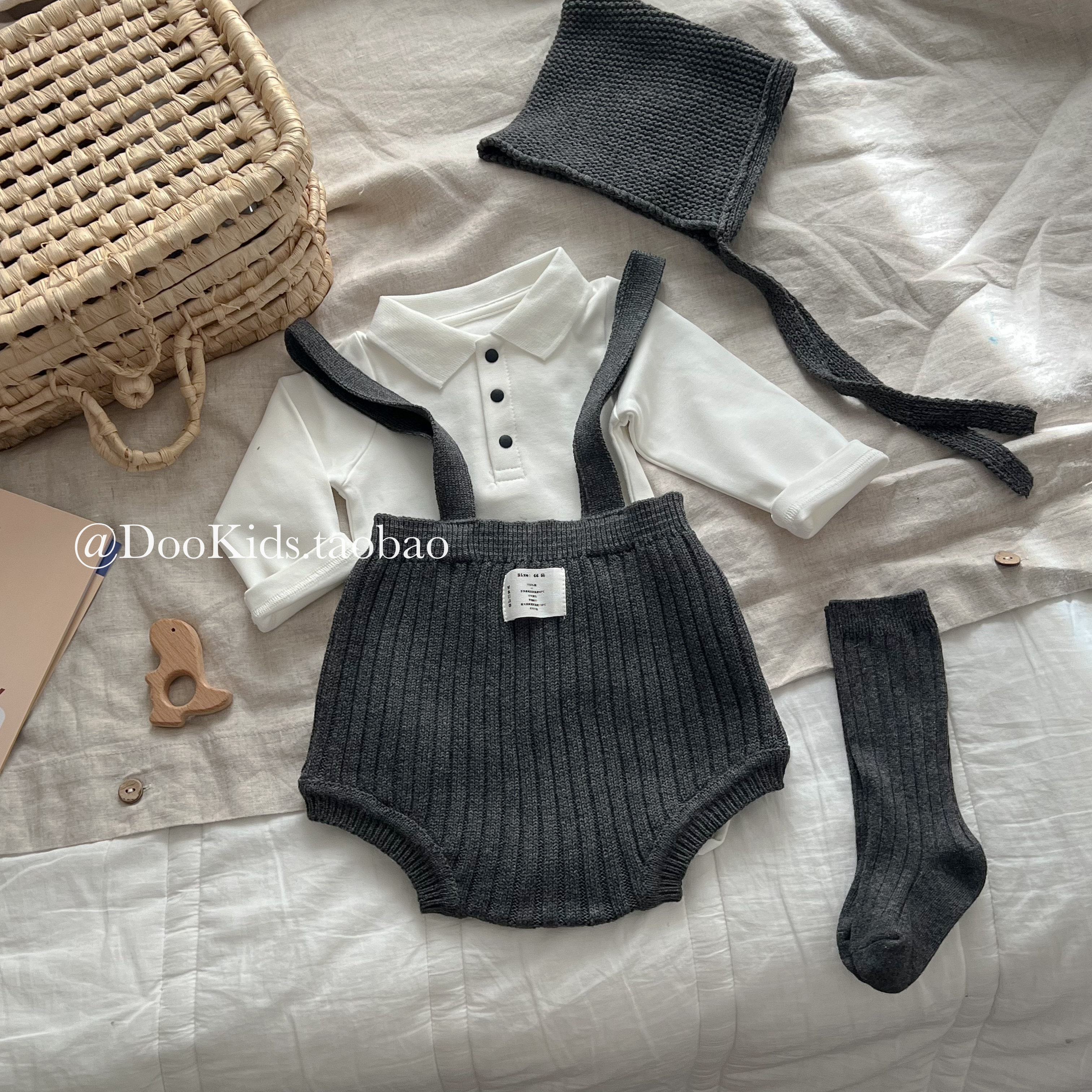 ins婴幼儿韩版春秋毛线针织背带爬服百天满月外出包屁哈衣套装潮