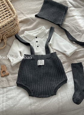 ins婴幼儿韩版春秋毛线针织背带爬服百天满月外出包屁哈衣套装潮