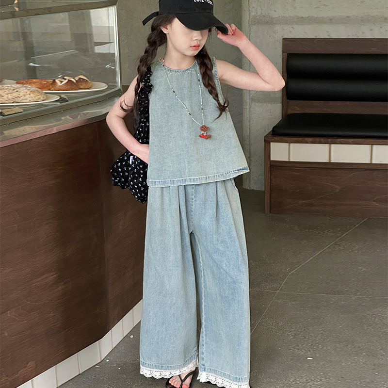 女童夏季套裝2025新款洋氣兒童牛仔背心夏裝女孩時(shí)髦闊腿褲兩件套
