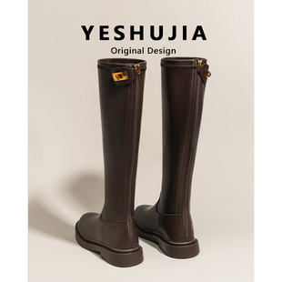 叶叔家棕色骑士靴子女2024新款 加绒高筒靴显瘦长靴女 长筒靴女冬季