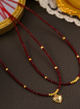 轻奢红尖晶石金色爱心锁骨链女