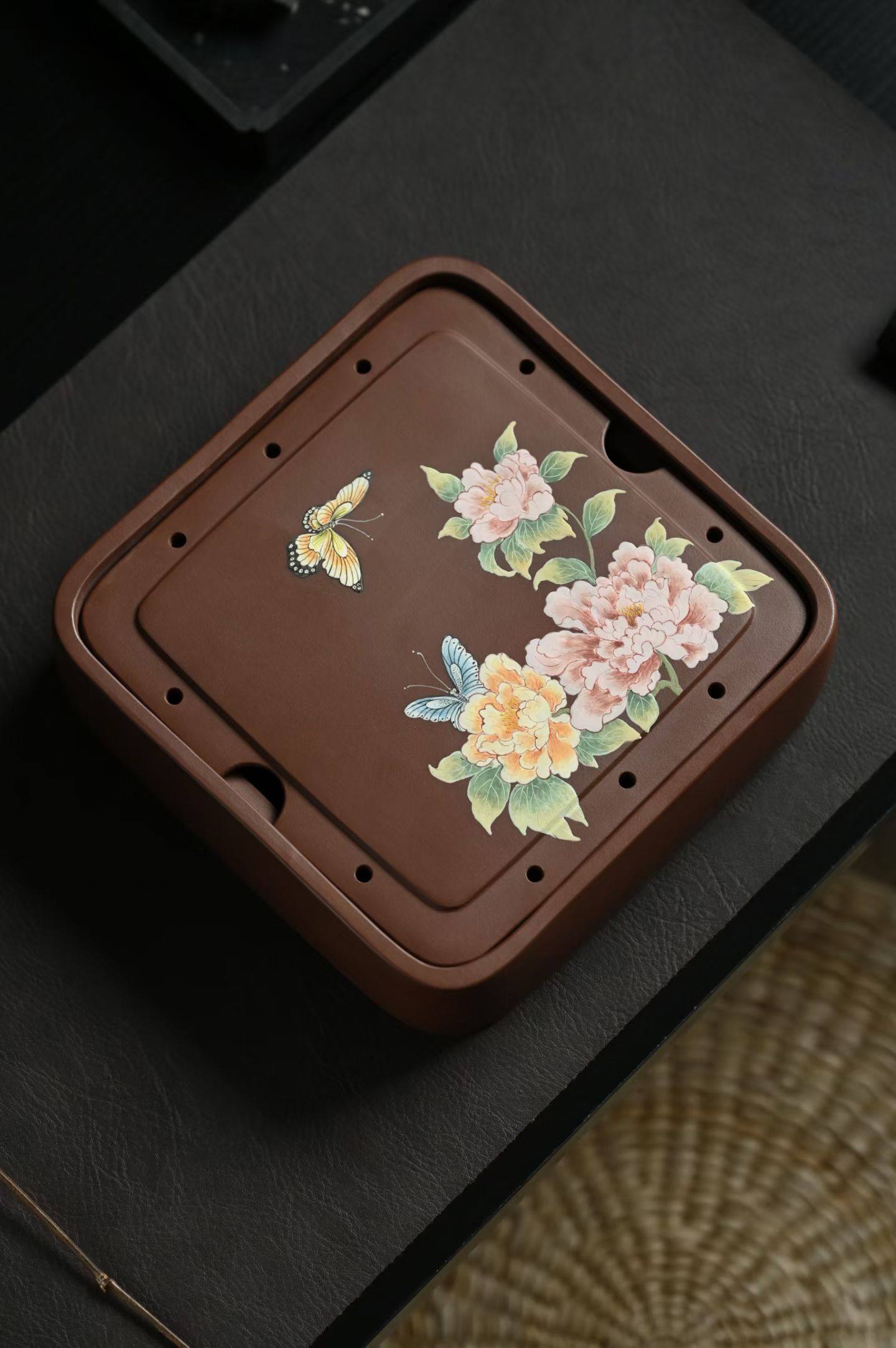 宜兴紫砂壶承【泥绘蝶恋花干泡盘】精品储水式双层茶盘壶托家用