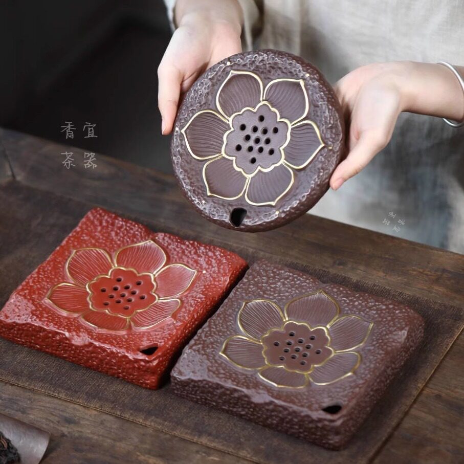 宜兴紫砂描金莲花壶承干泡台储水