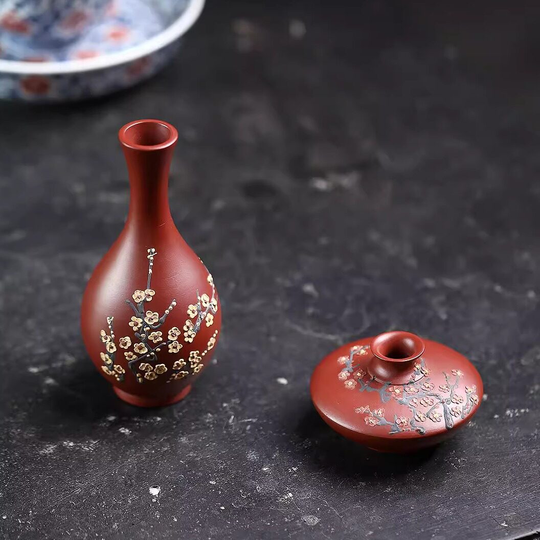 紫砂【泥绘梅花小花瓶盖置】精品