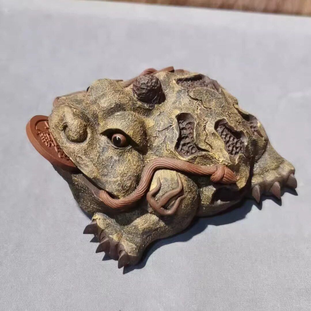 紫砂茶宠树皮金蟾精品招财金蟾