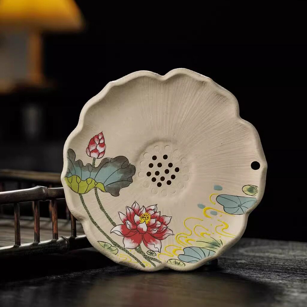 宜兴紫砂壶承【泥绘荷花】精品创意设计款壶承茶海储水茶托盘百搭