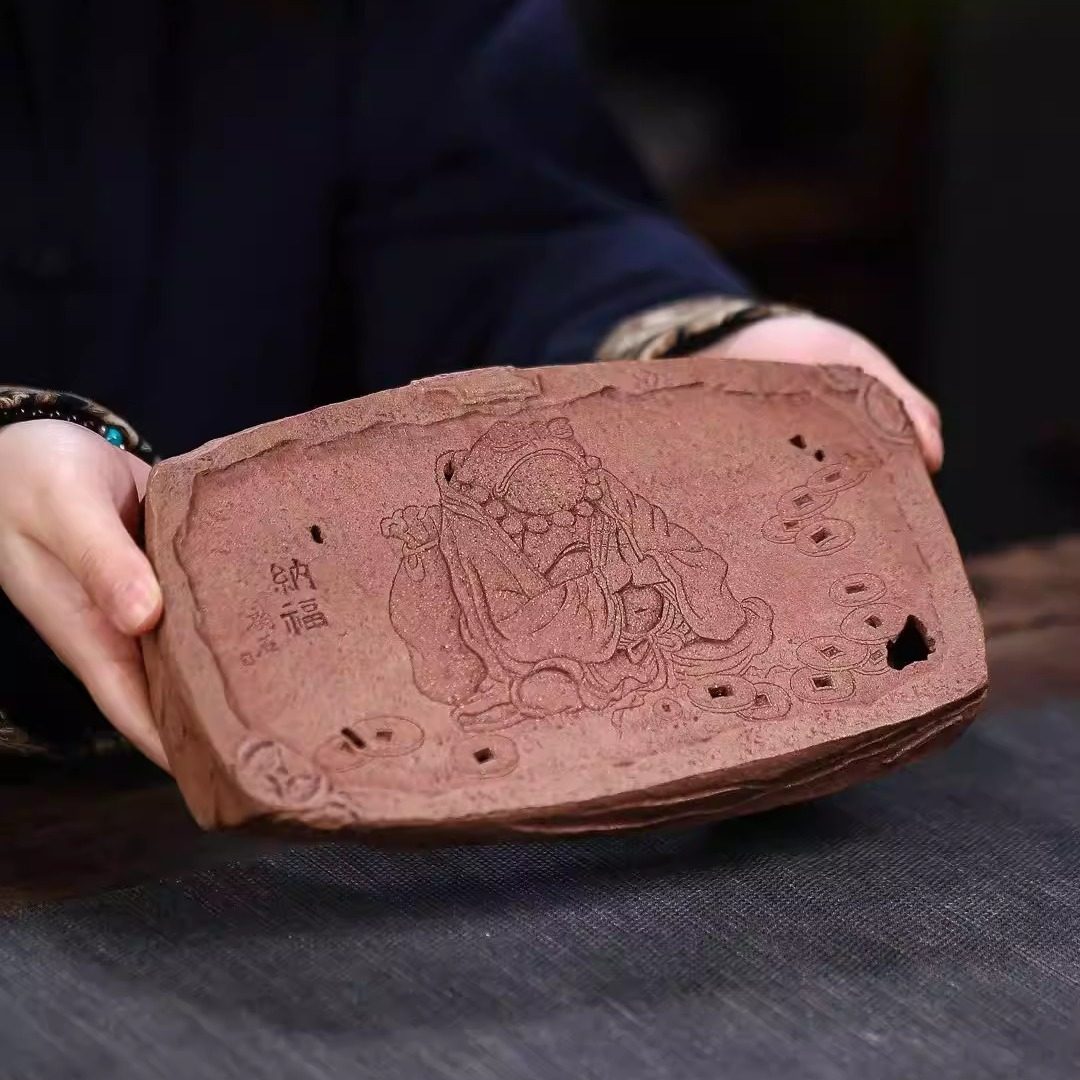 宜兴紫砂壶承【纳福茶盘储水式干泡盘】精品茶托盘手工刻绘茶具