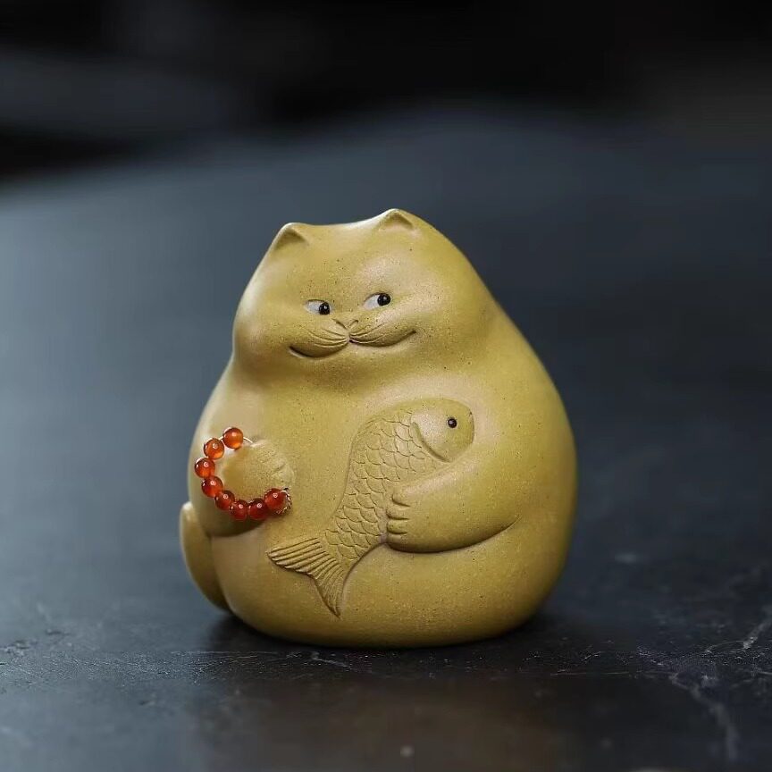 宜兴紫砂茶宠鱼猫精品茶宠摆件