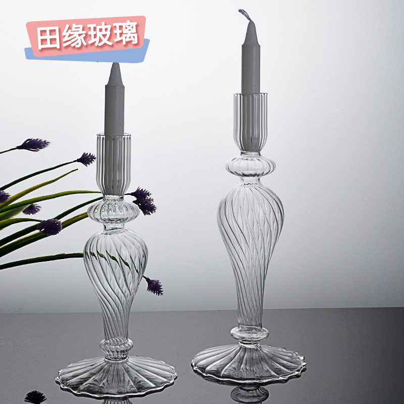 欧式螺纹玻璃烛台浪漫摆件手工